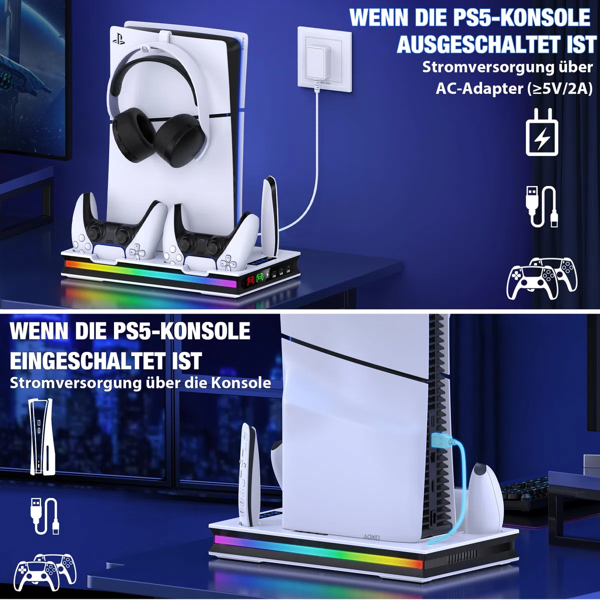 ALEEMTRY PS5 Support with LED Light, 3-Speed Fan, Joypad Charger, Headphone Hook, 4 USB-C Ports for PS5 Slim/Pro