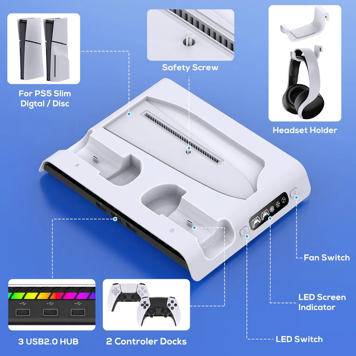FYOUNG Supporto verticale per console PS5 Slim con ventola e controller di ricarica, supporto di raffreddamento multifunzione per PlayStation 5 Slim Accessori con luce 9RGB (solo per PS5 Slim)
