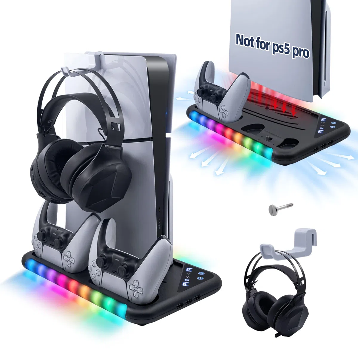 Mcbazel PS5/PS5 Slim Ricarica Ventola di Raffreddamento, Supporto di Raffreddamento RGB Stazione di Caricabatterie con Dissipazione 3 Velocità/Gancio Cuffie per Playstation 5/PS5 Slim(Not per PS5 Pro)