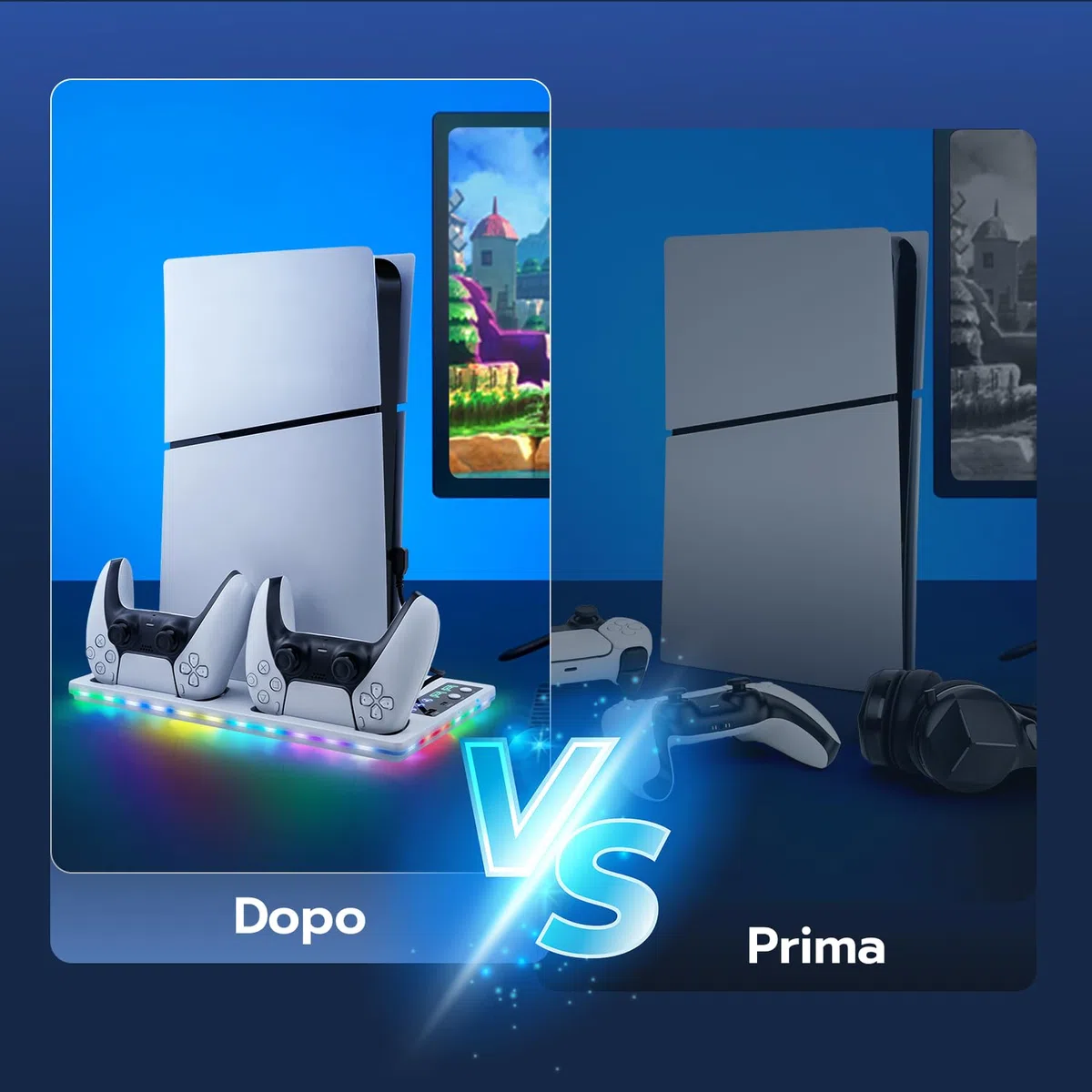 Verticale Supporto con Raffreddamento e Ricarica per PS5/PS5 Pro/PS5 Slim, Ventola 3 Livelli RGB