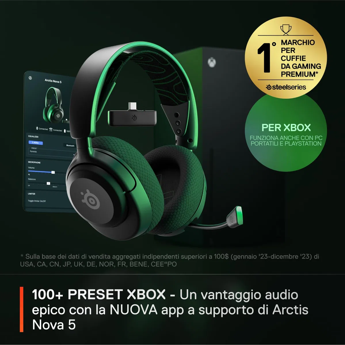 SteelSeries Arctis Nova 5X Cuffie Xbox Wireless Driver Magnetici Neodimio 100+ Preset Audio Batteria 60HR 2.4GHz BT Microfono ClearCast Gen2.X Xbox PS5 PC Cellulare