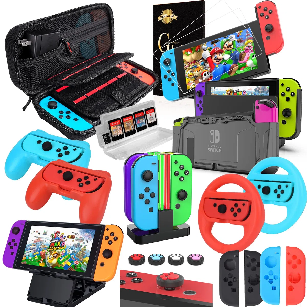 Nintendo Switch 15 w 1 etui ochronne z osłoną ekranu, wspornikiem, uchwytem i kierownicą, czerwony