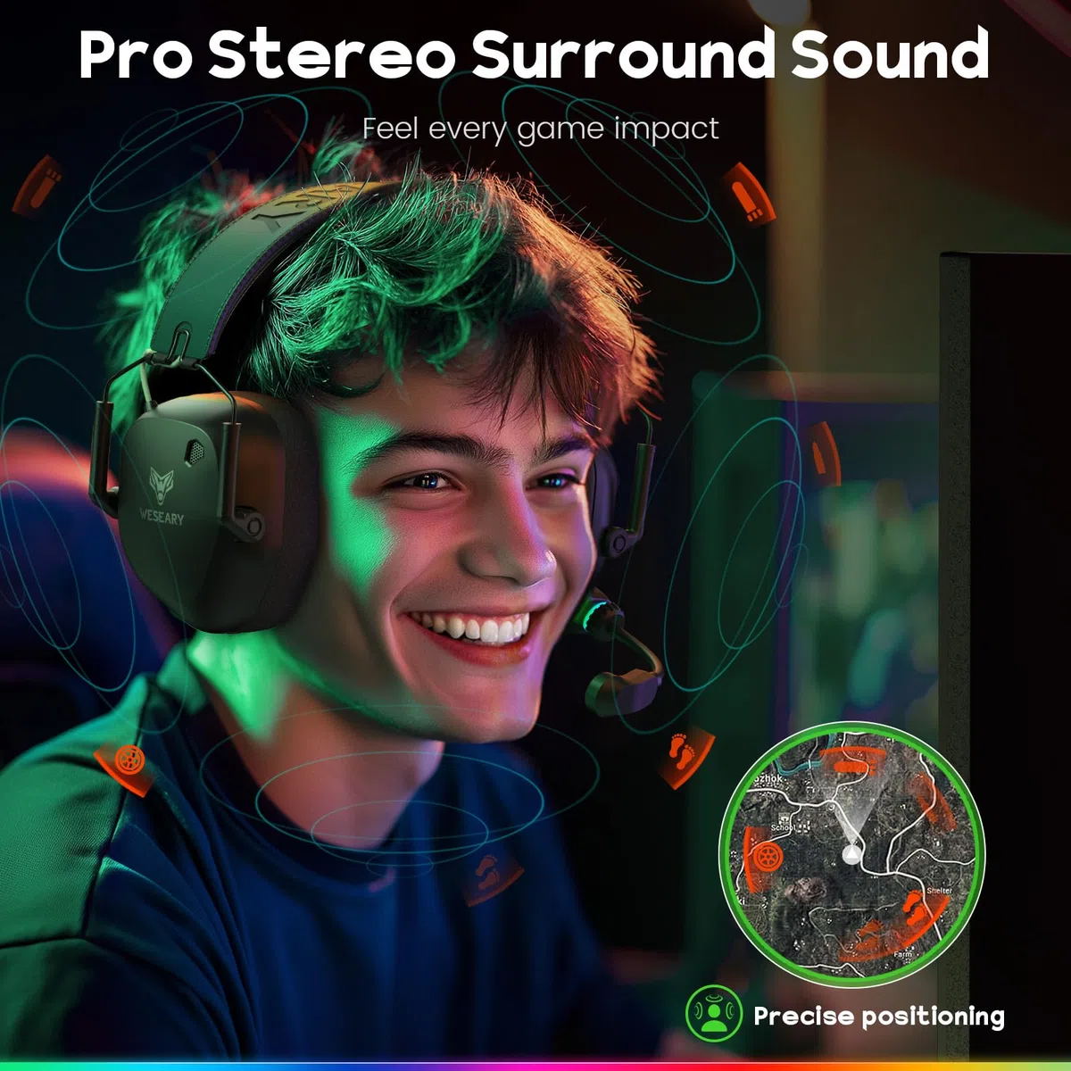WESEARY WG4 Cuffie Gaming Wireless 2,4 GHz con Microfono per PS5 PS4 PC Switch Mac Mobile Stereo Bluetooth Over Ear LED Batteria 45 Ore